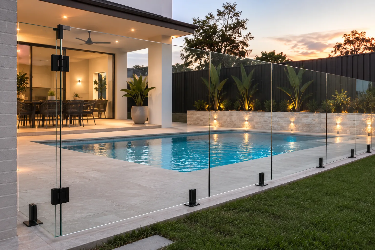 Frameless glass pool fence beside a modern patio in the evening