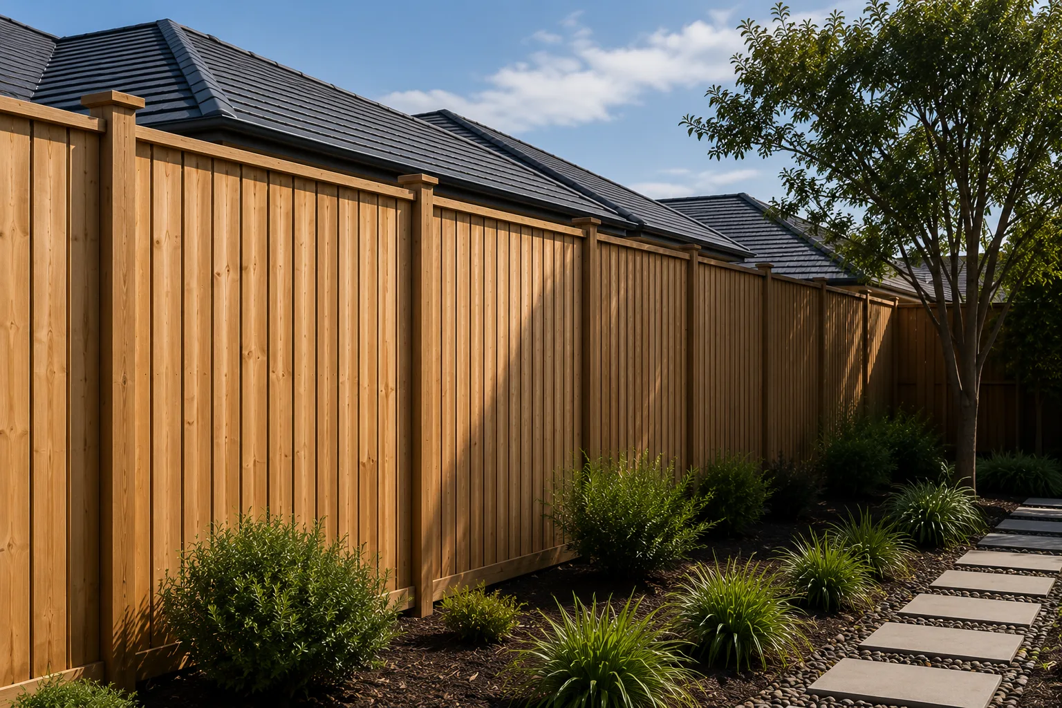 Golden timber privacy fence beside a garden path and low planting