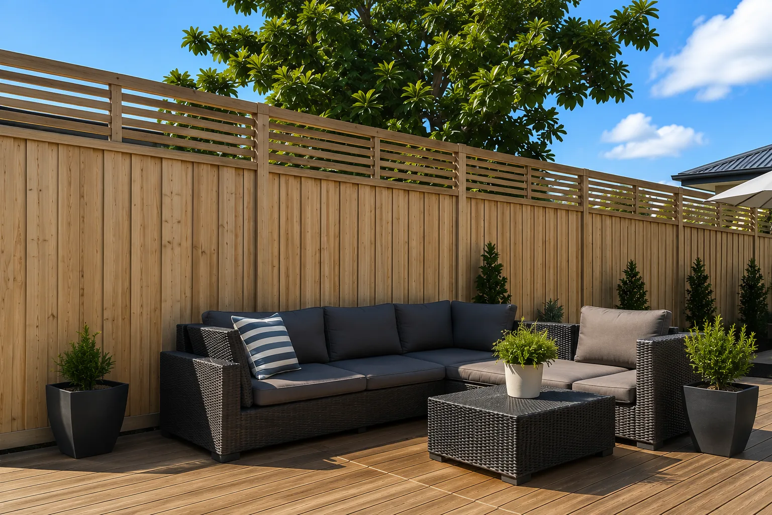 Timber privacy fence with a horizontal slat topper behind a paved patio